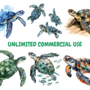 May include: A digital illustration of watercolor painted sea turtles. The turtles are in various poses and sizes, with some swimming and others resting on the sand. The illustration is set against a white background and includes the text "UNLIMITED COMMERCIAL USE".