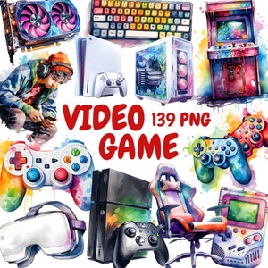 Bundle de cliparts jeu vidéo aquarelle, cliparts jeux d'arcade, illustrations de jeux vidéo, graphiques PNG transparents, usage commercial
