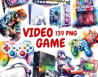 Watercolor Video Game Clipart Bundle, Arcade Game Clipart, Gaming Illustrations, Transparent PNG Graphics, Commercial Use