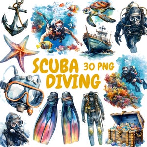 May include: Watercolor illustrations of scuba diving equipment and underwater scenes. Includes a diver, a turtle, a shipwreck, a treasure chest, and the text "SCUBA DIVING 30 PNG".