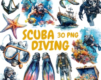 Watercolor Scuba Diving Clipart Bundle, Ocean Animals Clipart, Underwater Illustrations, Transparent PNG Graphics, Commercial Use