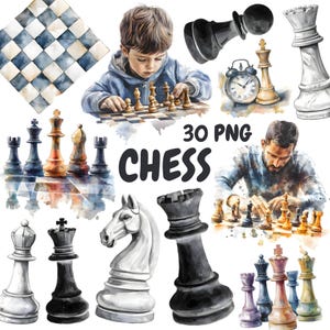 Watercolor Chess Clipart Bundle, Chess Pieces Clipart, Chess Illustrations, Transparent PNG Graphics, Commercial Use