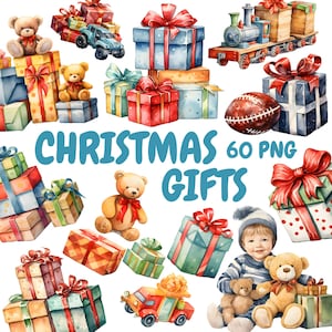 Watercolor Christmas Gifts Clipart Bundle, Wrapped Presents Clipart, Xmas Present Graphics, Instant Digital Download For Commercial Use