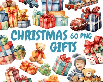 Watercolor Christmas Gifts Clipart Bundle, Wrapped Presents Clipart, Xmas Present Graphics, Instant Digital Download For Commercial Use