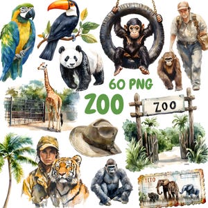 Watercolor Zoo Clipart Bundle, Safari Animals Clipart, Zoo Illustrations, Transparent PNG Graphics, Commercial Use