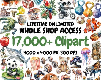 Whole Shop Bundle, Unlimited Lifetime Shop Access, Mega Watercolor Clipart Bundle, All Current And Future Designs, Commercial Use