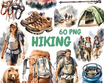 Watercolor Hiking Clipart Bundle, Mountain Hiker Clipart, Camping Illustrations, Transparent PNG Graphics, Commercial Use