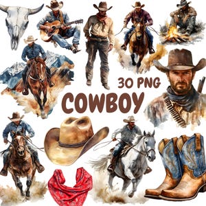 Paquete de imágenes prediseñadas de vaqueros en acuarela, imágenes prediseñadas del lejano oeste, ilustraciones del oeste, gráficos PNG transparentes, uso comercial