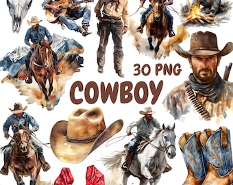 Watercolor Cowboy Clipart Bundle, Wild West Clipart, Western Illustrations, Transparent PNG Graphics, Commercial Use