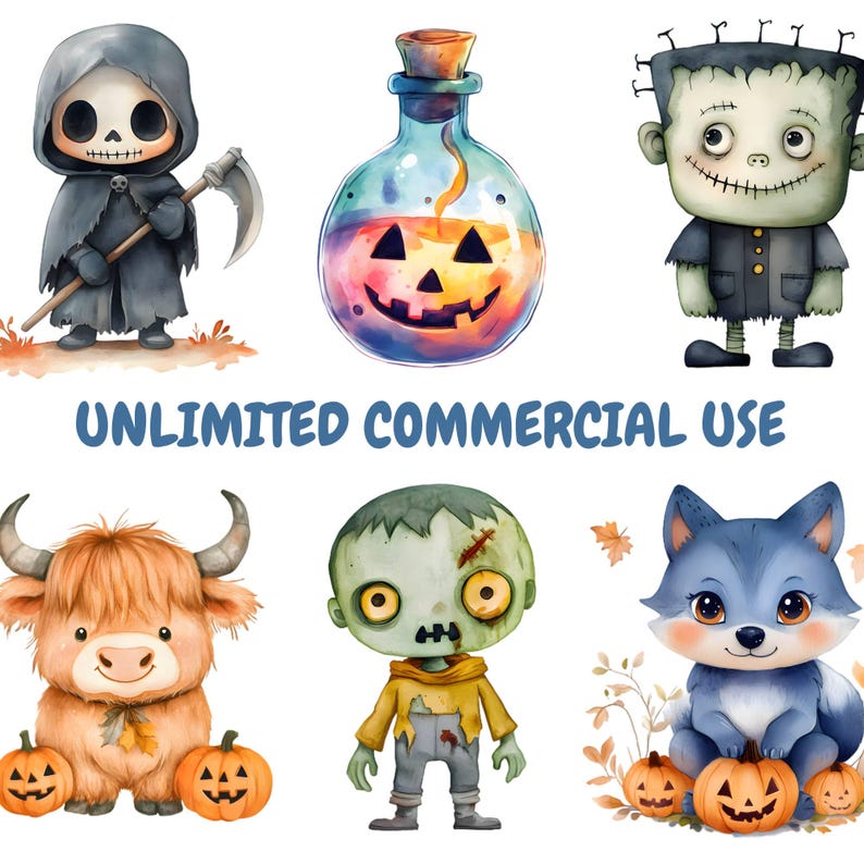 May include: Watercolor illustrations of Halloween characters, including a Grim Reaper, Frankenstein's monster, a potion bottle with a jack-o'-lantern face, a Highland cow, a zombie, and a blue wolf. The text "UNLIMITED COMMERCIAL USE" is displayed in blue.