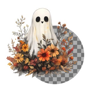 Puede incluir: Un fantasma blanco con una boca en forma de coraz&oacute;n est&aacute; rodeado de un c&iacute;rculo de flores naranjas, amarillas y marrones. El fondo es un patr&oacute;n de cuadros.