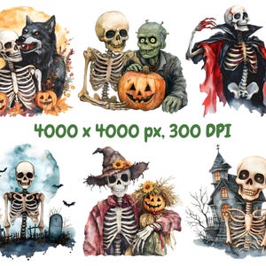 Peut inclure: Un ensemble de dix illustrations &agrave; l'aquarelle repr&eacute;sentant des squelettes dans divers costumes et d&eacute;cors d'Halloween. Les squelettes sont repr&eacute;sent&eacute;s dans un style fantaisiste et effrayant, certains tenant des citrouilles, d'autres portant des chapeaux de sorci&egrave;re et d'autres se tenant devant des maisons hant&eacute;es. Les illustrations sont parfaites pour ajouter une touche de plaisir d'Halloween &agrave; tout projet.