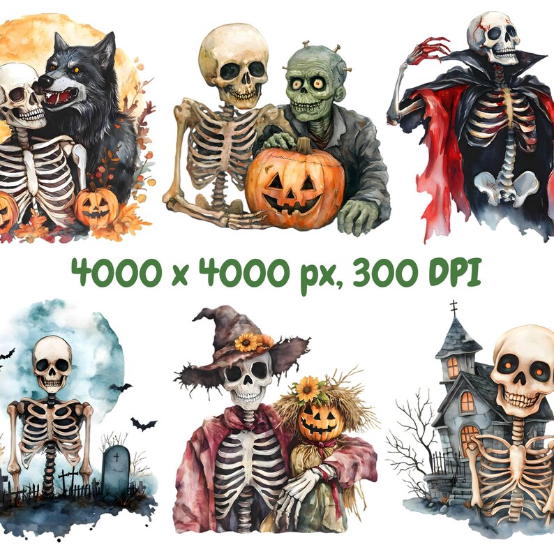 Peut inclure: Un ensemble de dix illustrations &agrave; l'aquarelle repr&eacute;sentant des squelettes dans divers costumes et d&eacute;cors d'Halloween. Les squelettes sont repr&eacute;sent&eacute;s dans un style fantaisiste et effrayant, certains tenant des citrouilles, d'autres portant des chapeaux de sorci&egrave;re et d'autres se tenant devant des maisons hant&eacute;es. Les illustrations sont parfaites pour ajouter une touche de plaisir d'Halloween &agrave; tout projet.
