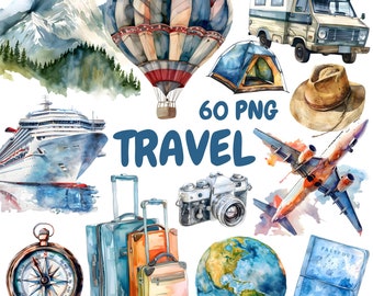 Paquete de imágenes prediseñadas de viajes en acuarela, imágenes prediseñadas de vacaciones, ilustraciones de aventuras, gráficos PNG transparentes, uso comercial
