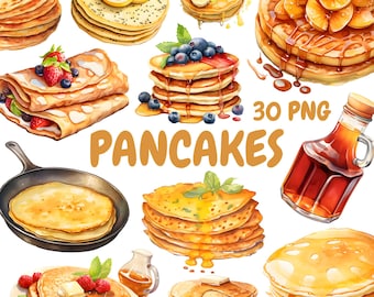 Watercolor Pancakes Clipart Bundle, American Pancake Clipart, Breakfast Illustrations, Transparent PNG Graphics, Commercial Use