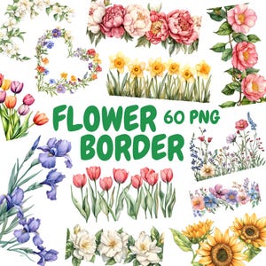 Watercolor Flower Border Clipart Bundle, Floral Border Clipart, Wildflower Illustrations, Transparent PNG Graphics, Commercial Use