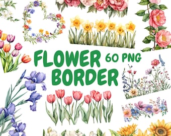Watercolor Flower Border Clipart Bundle, Floral Border Clipart, Wildflower Illustrations, Transparent PNG Graphics, Commercial Use