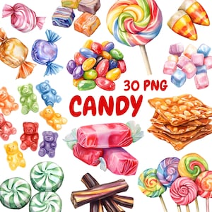 Paquete de imágenes prediseñadas de dulces de acuarela, imágenes prediseñadas de golosinas, ilustraciones de piruletas, gráficos PNG transparentes, uso comercial