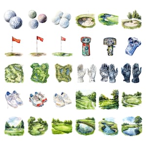 Pu&ograve; includere: Illustrazioni ad acquerello di attrezzature e accessori per il golf, tra cui palline da golf, bandiere, scarpe da golf, guanti e vari campi da golf.