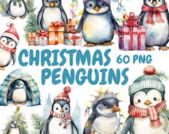 Watercolor Christmas Penguins Clipart Bundle, Cute Penguin Clipart, Winter Penguin Graphics, Instant Digital Download For Commercial Use
