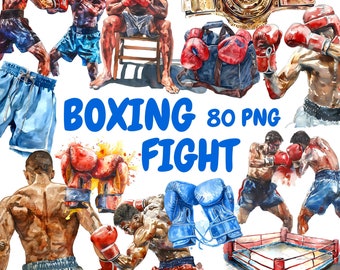 Watercolor Boxing Fight Clipart Bundle, Boxing Gloves Clipart, Fighting Illustrations, Transparent PNG Graphics, Commercial Use