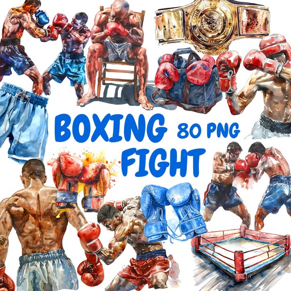 Watercolor Boxing Fight Clipart Bundle, Boxing Gloves Clipart, Fighting Illustrations, Transparent PNG Graphics, Commercial Use