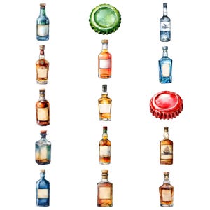 May include: A collection of watercolor illustrations of various bottles of alcohol, including whiskey, rum, and vodka. The bottles are all different shapes and sizes, and some have labels. There are also two bottle caps, one green and one red.