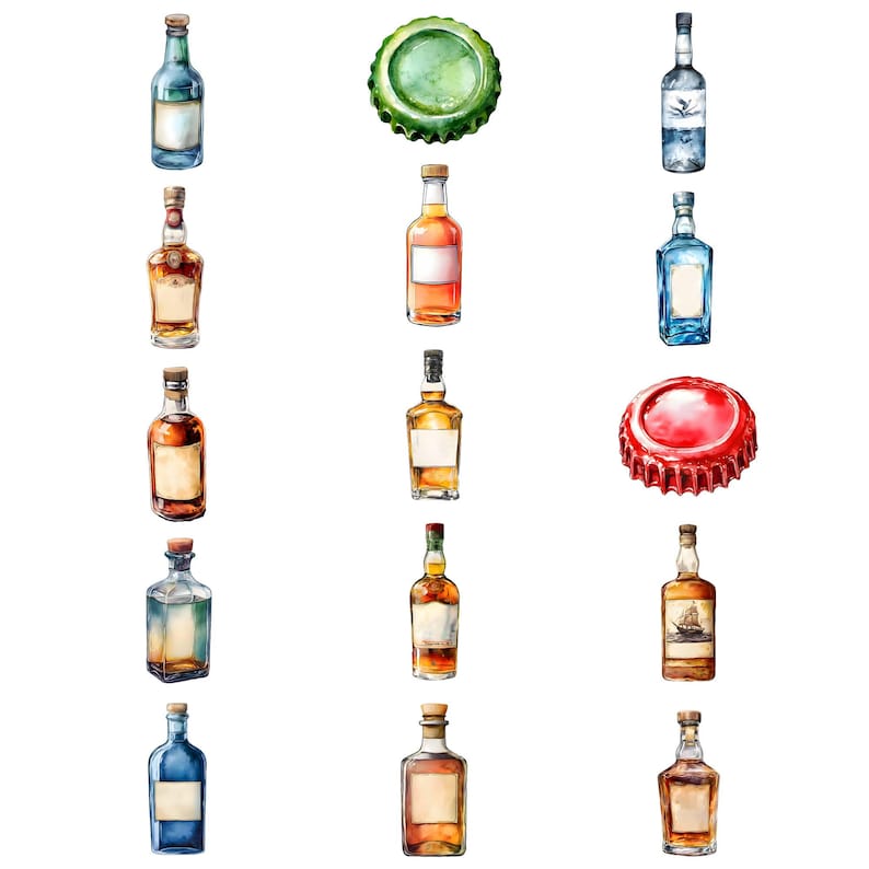 May include: A collection of watercolor illustrations of various bottles of alcohol, including whiskey, rum, and vodka. The bottles are all different shapes and sizes, and some have labels. There are also two bottle caps, one green and one red.