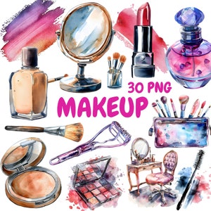 Bundle de cliparts maquillage aquarelle, cliparts de trousse de maquillage, illustrations de maquillage, graphiques PNG transparents, usage commercial