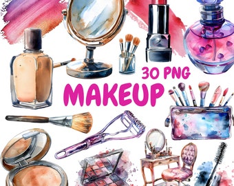 Aquarell Make-up Clipart Bundle, Make-up Tasche Clipart, Make-up Illustrationen, transparente PNG-Grafik, kommerzielle Nutzung