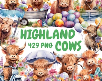 Paquete de imágenes prediseñadas de vacas de las Tierras Altas en acuarela, vaca de Pascua PNG, gráficos de Pascua, descarga digital instantánea para uso comercial