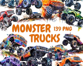 Watercolor Monster Trucks Clipart Bundle, Extreme Vehicle Clipart, Truck Illustrations, Transparent PNG Graphics, Commercial Use