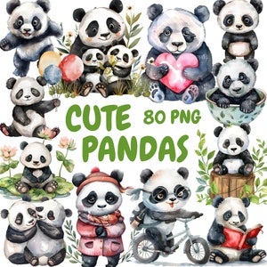 Pacote de clipart de pandas fofos em aquarela, clipart de panda adorável, ilustrações de panda, gráficos PNG transparentes, uso comercial