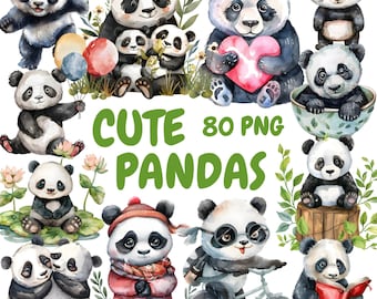 Watercolor Cute Pandas Clipart Bundle, Adorable Panda Clipart, Panda Illustrations, Transparent PNG Graphics, Commercial Use