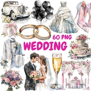 Bundle de cliparts mariage aquarelle, clipart chronologie mariage, Illustrations de mariage, graphiques PNG transparents, usage Commercial
