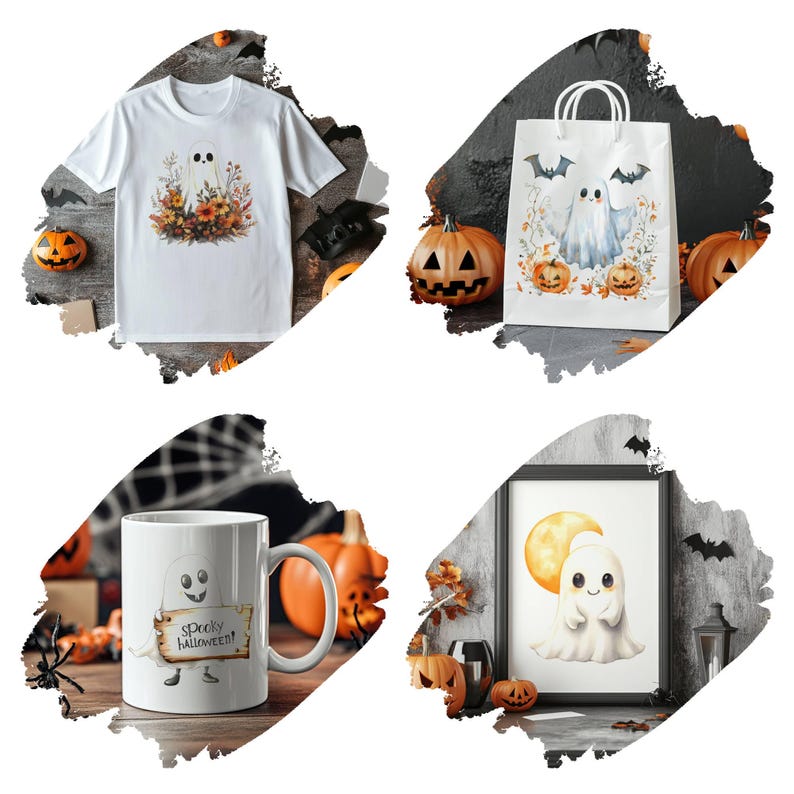 Puede incluir: Un conjunto de productos de tem&aacute;tica de Halloween que incluye una camiseta blanca con un fantasma y un dise&ntilde;o floral, una bolsa de mano blanca con un fantasma y calabazas, una taza blanca con un fantasma que sostiene un cartel que dice "Spooky Halloween!" y una impresi&oacute;n enmarcada con un fantasma y una luna.