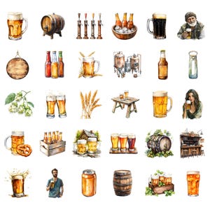 May include: Watercolor illustrations of various beer-related items, including mugs, bottles, barrels, hops, and a bar scene. The illustrations are in a vintage style and feature a variety of colors, including brown, green, and gold.