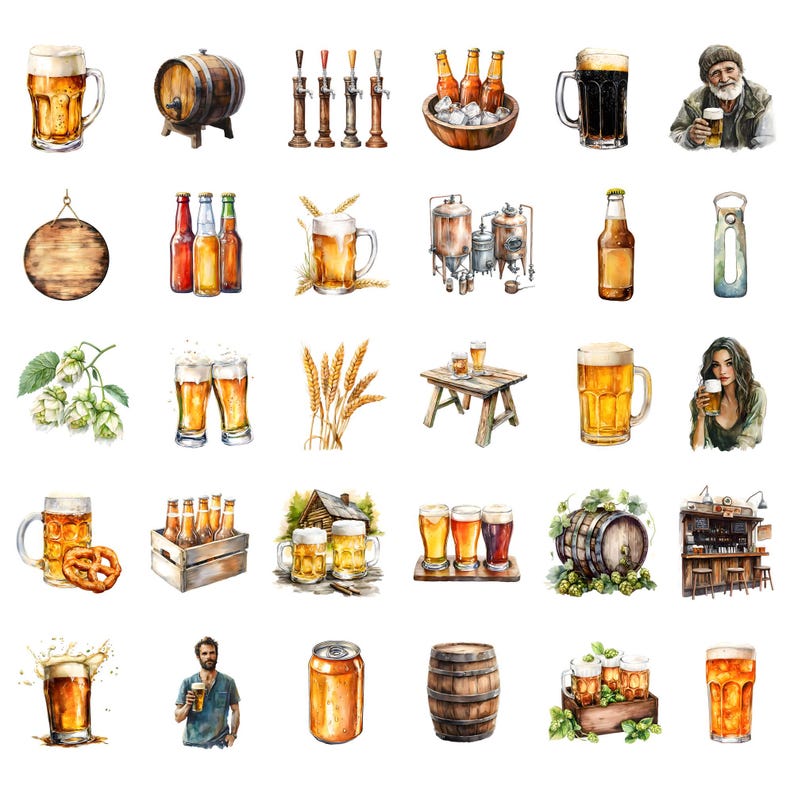 May include: Watercolor illustrations of various beer-related items, including mugs, bottles, barrels, hops, and a bar scene. The illustrations are in a vintage style and feature a variety of colors, including brown, green, and gold.