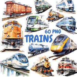 May include: Watercolor illustrations of various trains, including steam engines, passenger trains, and freight cars. The image features a variety of colors and styles, with the text "60 PNG TRAINS" in blue.