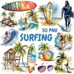 Pacote de clipart de surf em aquarela, clipart de férias de verão, ilustrações de prancha de surf, gráficos PNG transparentes, uso comercial