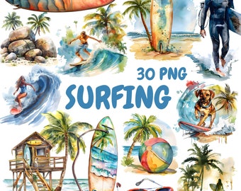 Watercolor Surfing Clipart Bundle, Summer Vacation Clipart, Surfboard Illustrations, Transparent PNG Graphics, Commercial Use
