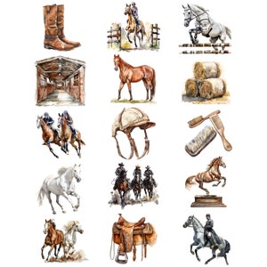 Op de afbeelding: Waterverfillustraties met paardensportthema's. De afbeelding toont een bruine rijlaars, springende paarden, een stal, een paard, hooibalen, een rijhelm, borstels, een paardenstandbeeld, een zadel en ruiters op paarden.