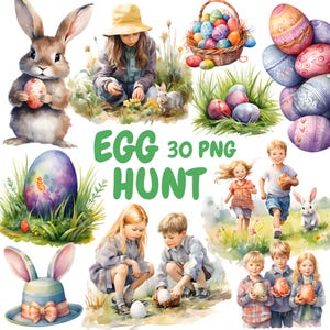 Paquete de imágenes prediseñadas de búsqueda de huevos de acuarela, PNG de búsqueda de huevos de Pascua, gráficos de feliz Pascua, descarga digital instantánea para uso comercial