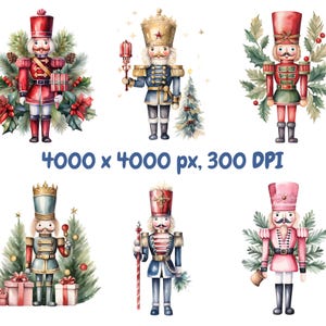 May include: Six watercolour illustrations of nutcracker figurines. Each nutcracker is dressed in a different colour and style, with a festive Christmas theme. The nutcrackers are holding various props, such as a candy cane, a drum, and a bell.