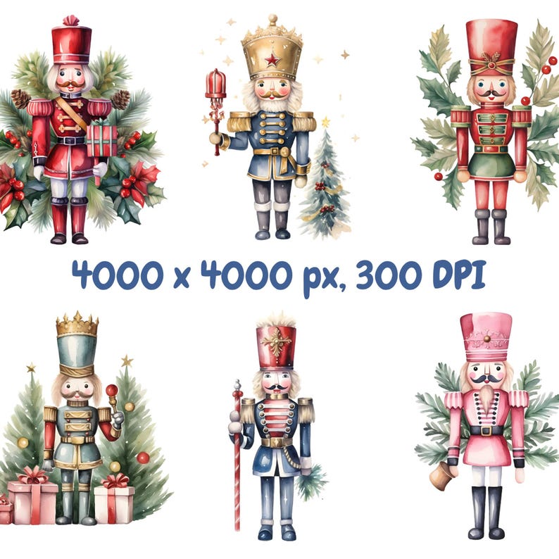 May include: Six watercolour illustrations of nutcracker figurines. Each nutcracker is dressed in a different colour and style, with a festive Christmas theme. The nutcrackers are holding various props, such as a candy cane, a drum, and a bell.