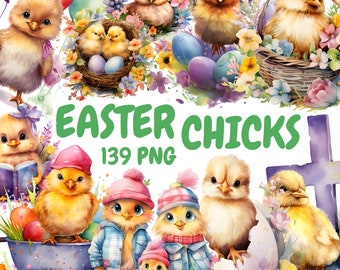 Watercolor Easter Chicks Clipart Bundle, Cute Baby Chick PNG, Happy Easter Graphics, Instant Digital Download For Commercial Use