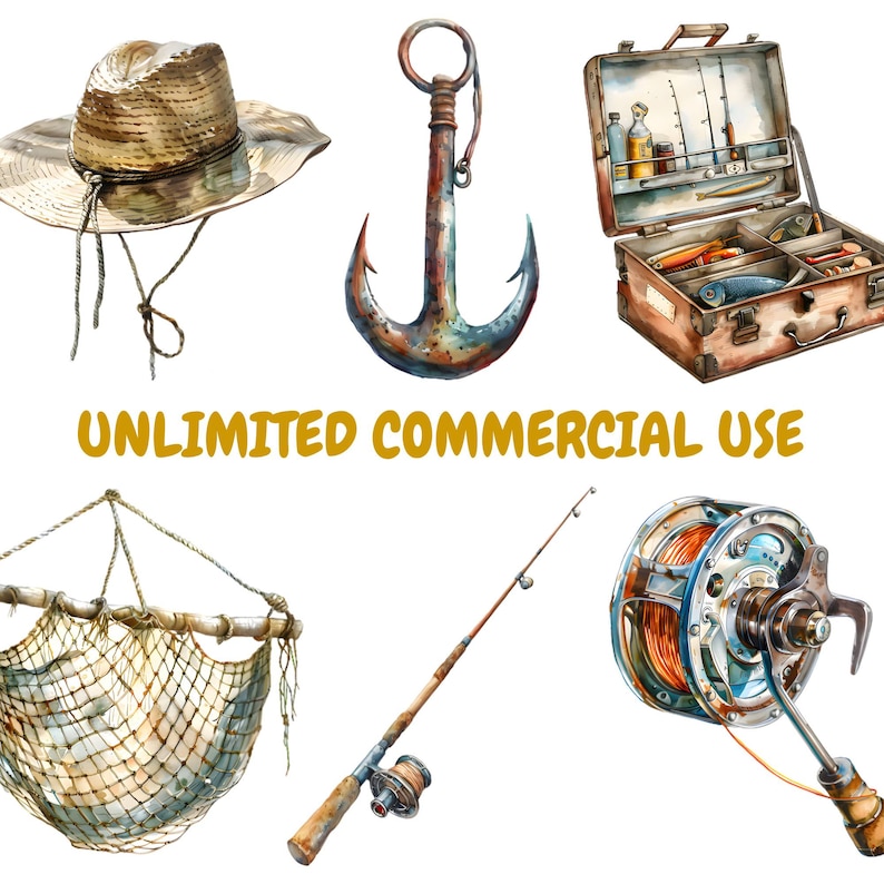 May include: A set of watercolor illustrations of fishing equipment, including a fishing rod, a fishing reel, a fishing net, a fishing hook, a fishing hat, and a fishing tackle box. The illustrations are in a vintage style and have a rustic feel.