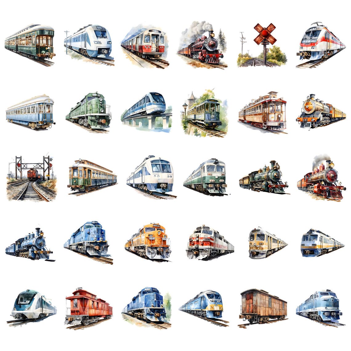 Watercolor Trains Clipart Bundle, Steam Train Clipart, Locomotive ...