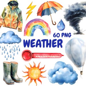 Paquete de imágenes prediseñadas del clima en acuarela, imágenes prediseñadas de nubes de lluvia, ilustraciones de arcoíris, gráficos PNG transparentes, uso comercial
