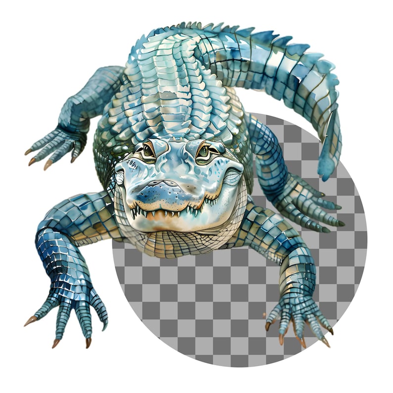 May include: A detailed illustration of an alligator in shades of blue and green. The alligator is depicted with intricate scales and sharp teeth, with its legs and tail extended. The artwork has a realistic style, with a focus on the animal's features.